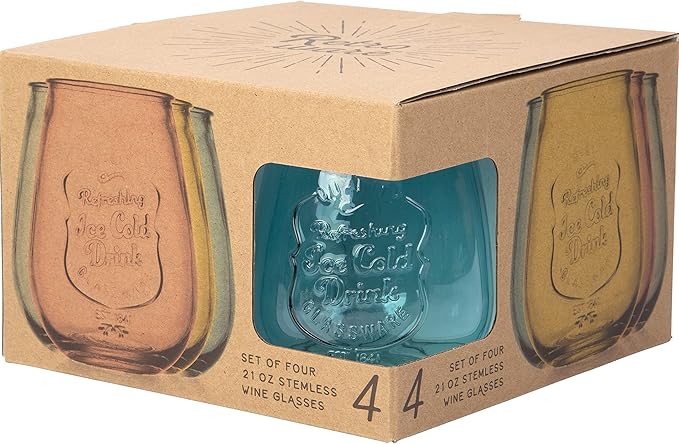 Glaver's Stemless Wine Glasses Set of 4 – 21oz Assorted Colored Wine Tumblers– Unique Embossed Logo, Vintage Cute Wine Glasses for, Beer, Juice, Cocktails, Fresh Drinks, Beverages, and more.