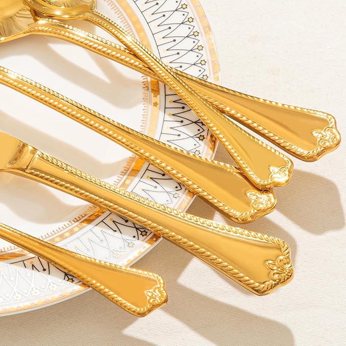 KINGSTONE Gold Silverware Set, 20-piece 18/10 Stainless Steel Flatware Set Cutlery Set for 4, for Kitchen, Home, Wedding, Party, Mirror Polished and Dishwasher Safe, Featured Gifts