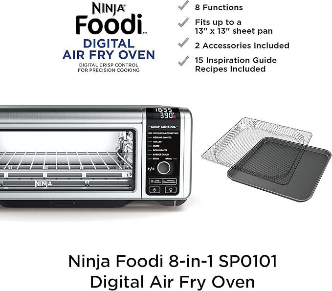 Ninja Digital Air Fry Countertop Oven, 8-in-1 Functionality, 1800W, Flip-Up Design, XL Capacity, Air Fry Basket, Wire Rack & Crumb Tray, Silver, SP101