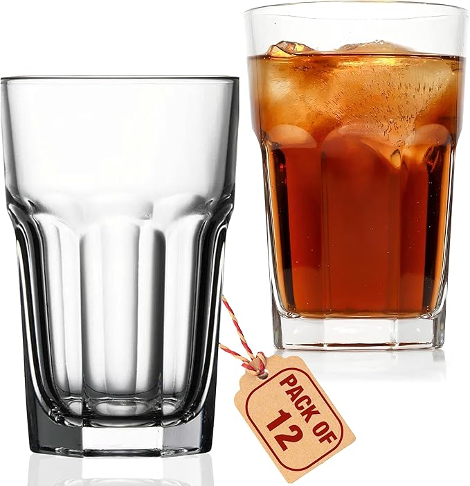 Highball Drinking Glasses Set of 12, 12.5 oz Glass Tumbler - Water Glasses & Beer Glassware for Kitchen - Durable Drinkware Set for Juice, Soda, Iced Tea & Cocktails - Heavy Base, Dishwasher Safe