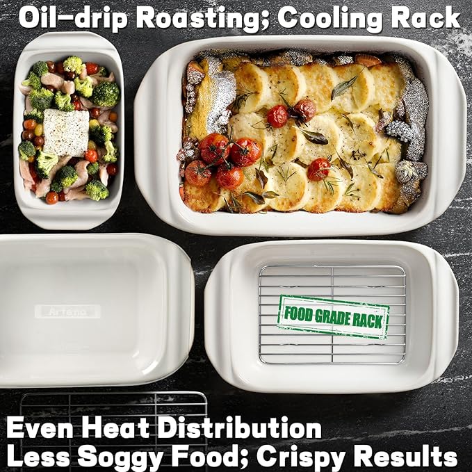 Artena Casserole Dishes For Oven, Ceramic Baking Dish, Large Lasagna Pan With Handles, Baking Pan Casserole Dish, Rectangular Bakeware Deep, White, Set Of 3 (5.1Qt/2.3Qt/1.1Qt) (Baking Dish With Rack)