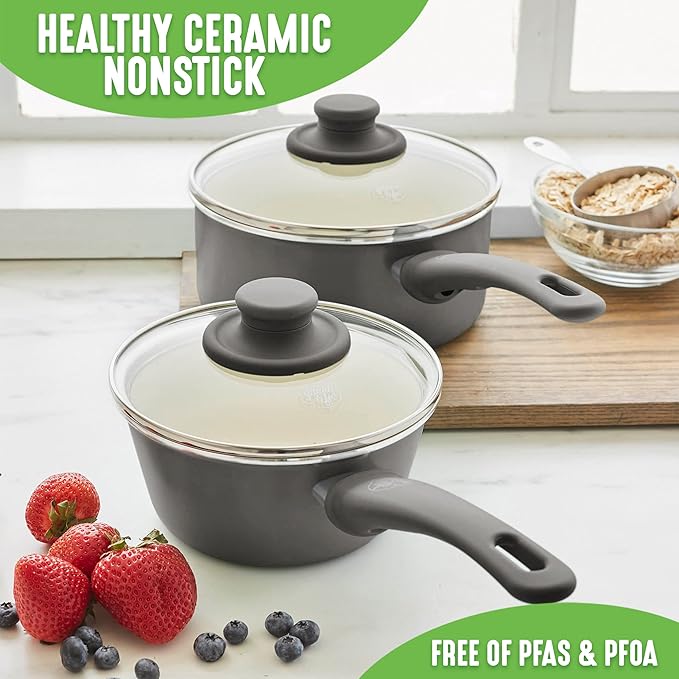 GreenLife Soft Grip 1QT and 2QT Saucepan Set, Healthy Ceramic Nonstick, Non Toxic PFAS & PFOA-Free, Dishwasher Safe, Glass Lids, Stay-Cool Handles, Easy Clean Cookware, Kitchen Essentials, Gray