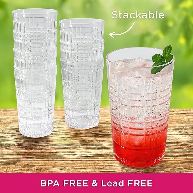 Kate Aspen Clear Plaid Acrylic Glasses Drinkware, Plastic Drinking Glasses Set of 8, 22 oz, Tumblers & Water Glasses Dishwasher Safe, BPA-Free Plastic Cups Reusable for Kithchen, Outdoor, Patio