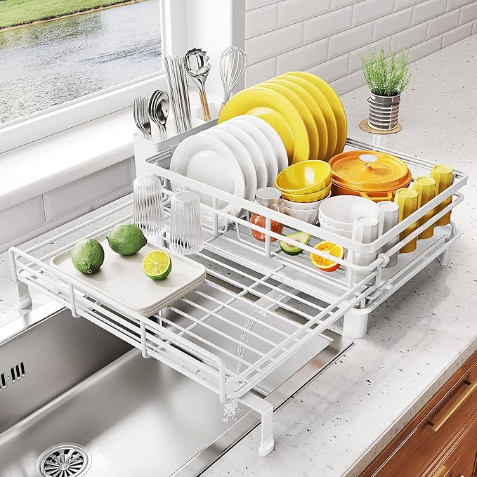 SNTD Dish Drying Rack - Extendable Dish Rack, Large Sink Drying Dish Drainer for Kitchen Counter, Stainless Steel Dish Strainer with Utensil Holder (White)
