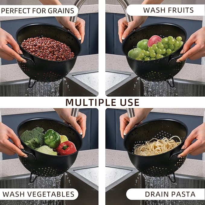 Metal Colander 5 Quart Powder Coated Self-draining Metal Strainer with Base,Kitchen Pasta Fruit Vegetable Basket with Double Handles (Light Black)