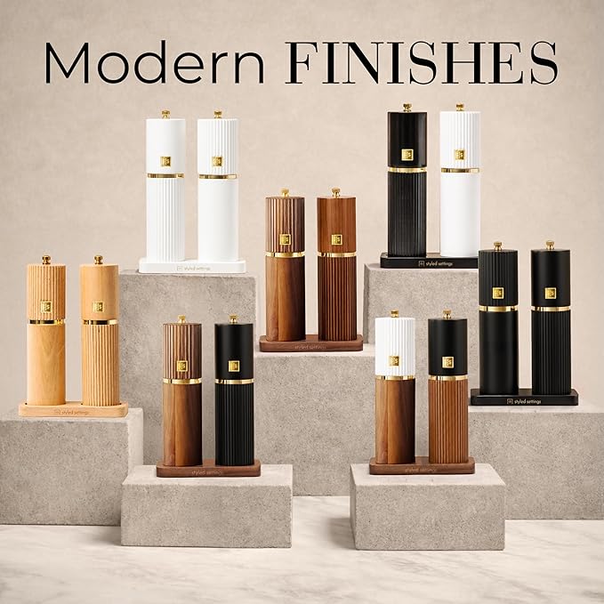 Wooden Salt and Pepper Grinder Set – Refillable Manual Salt and Pepper Mills with Adjustable Ceramic Burrs, Gold Detailing, and Wood Stand – White