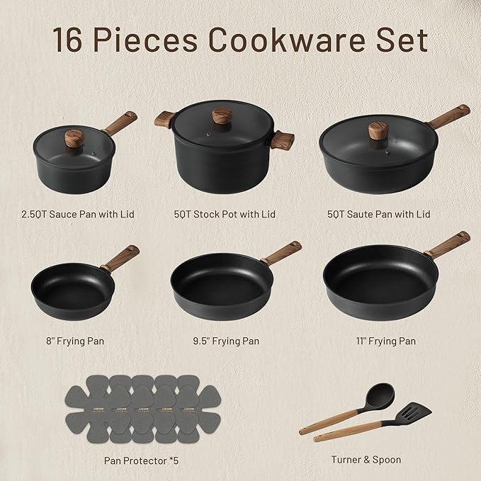 CAROTE Nonstick Pots and Pans, Induction Titanium Cookware Set 16pcs Kitchen Cooking Sets, Pot and Pan Non Stick w/Frying pan (PFOS, PFOA Free)