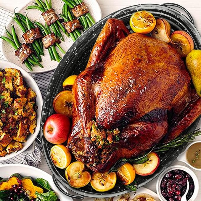 Granite Roaster Pan, 19” Enameled Roasting Pan with Domed Lid. Oval Turkey Roaster Pot, Broiler Pan Great for Turkey, Chicken, Lamb, Vegetable. Dishwasher Safe Cookware Fit for 20Lb Turkey by Kendane