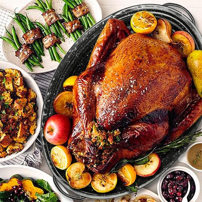 13” Granite Roasting Pan,Enameled Oval Roasting Pan with Domed Lid, Oval Turkey Roaster Pot, Broiler Pan Great - For Roasted Turkey, Chicken, Lamb, Vegetables 2026 Update