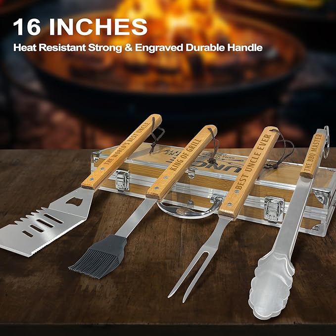 Uncle Gifts, Uncle Gift from Niece Fathers Day Heavy Duty Wooden BBQ Grilling Accessories Kit for Backyard, Thick Stainless Steel Grill Utensils with Non-Slip Handle Tools in Portable Bag Father's Day