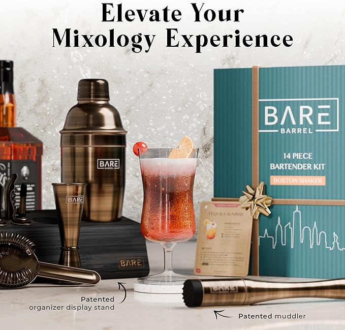 BARE BARREL® Mixology Bartender Kit Bar Set | 14-Piece Cocktail Shaker Set | Martini Barware Mixing Tools for Home Bartending | Incl. 35 Recipe Cards | Gift Set (24oz Cobbler Shaker, Brass/Black)