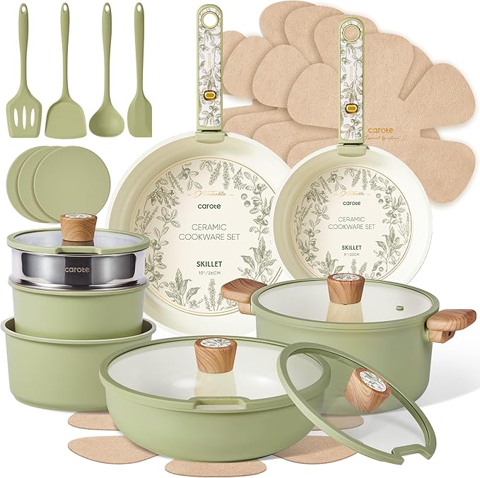CAROTE 25-Piece Ceramic Cookware Set, Nonstick Pots and Pans Set with Detachable Handle, Non-Toxic Kitchen Cooking Set, Dishwasher & Oven Safe, Induction Compatible, PFAS Free, Green