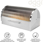 Oggi Stainless Steel Roll Top Bread Box for Kitchen Countertop with Tempered Glass Lid - Fits Multiple Large Loaves of Bread and Other Freshly Baked Goods Including Cookies, Bagels, Muffins