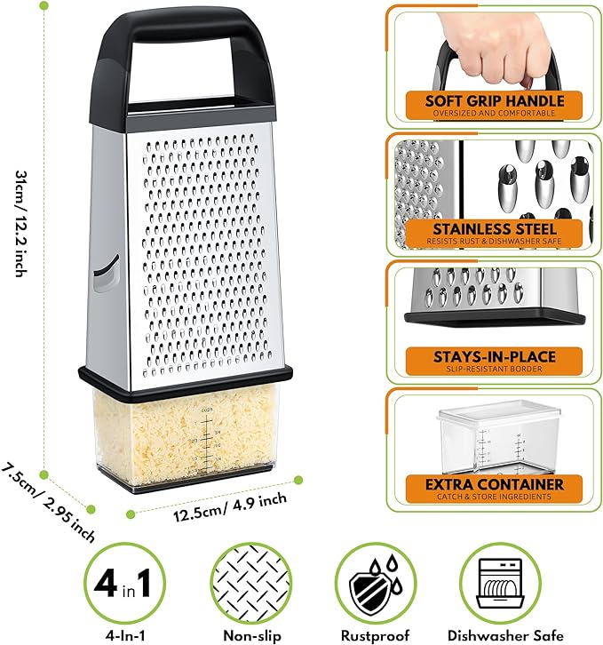 Urbanstrive Cheese Grater With Container Box Grater Stainless Steel Graters for Kitchen Cheese Shredder Parmesan Shredder Kitchen Gadgets Kitchen Tools Kitchen Gifts for Chef Dishwasher Safe Zester