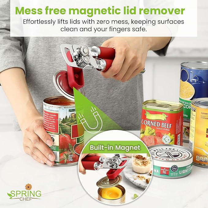 Spring Chef Stainless Steel Can Opener - Manual with Soft Grip Handles, Easy Turn, Heavy Duty Hand Can Opener for Seniors with Smooth Edge - Red