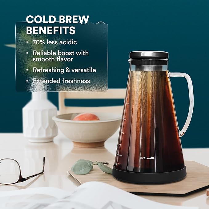 OVALWARE Airtight Cold Brew Iced Coffee Maker Pitcher (& Iced Tea Maker) with Spout – 1.5L/ 51oz Brewing Glass Carafe with Removable Stainless Steel Filter
