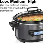 Hamilton Beach Portable 6 Quart Set & Forget Digital Programmable Slow Cooker with Lid Lock, Temperature Probe, Dishwasher Safe Crock & Lid, Black Stainless (33866)