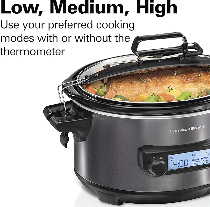 Hamilton Beach Portable 6 Quart Set & Forget Digital Programmable Slow Cooker with Lid Lock, Temperature Probe, Dishwasher Safe Crock & Lid, Black Stainless (33866)