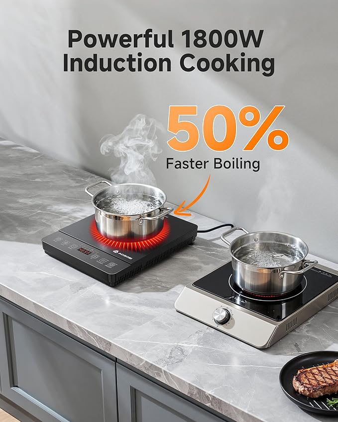 Portable Induction Cooktop 20 Temperature & Power Levels,1800W Single Burner Electric Cooktop with 6.8 inch Heating Coil,Low Noise Hot Plate with Timer