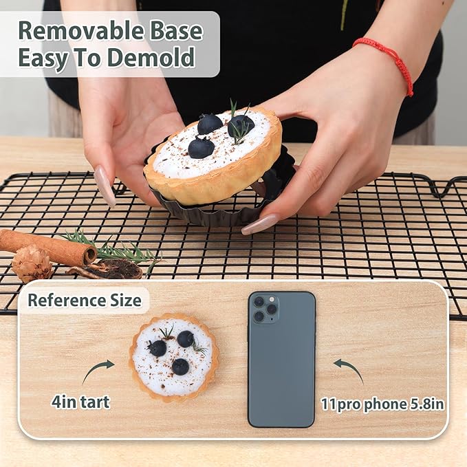 Mini Tart Pans with Removable Bottom 4 inch Set of 10, Non-stick Round Quiche Pan Heavy Duty Carbon Steel for Mousse Cakes, Christmas Dessert Baking with Silicone Scrubber