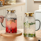 Buaic Glass Pitcher with Lid, 68 oz/2 Liter Vintage Water Pitcher, Clear Borosilicate Glass Water Carafe for Cold Brew, Coffee, Lemonade, Iced Tea, Juice, Beverage, Heat Resistant Water Glass Jug