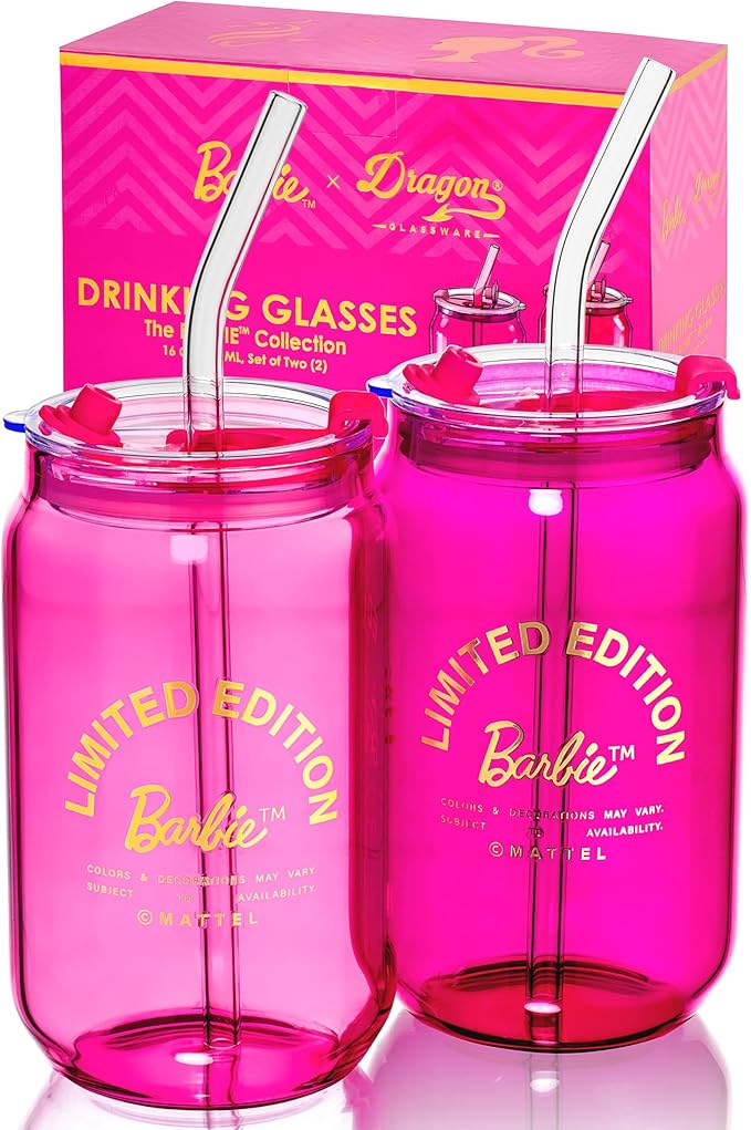 Dragon Glassware x Barbie Drinking Glasses - Pink and Magenta - 16 oz Can Shaped Glass Cups with Lids and Straws Set of 2 - Iced Coffee Cups with Lids - Glass Tumbler with Straw and Lid