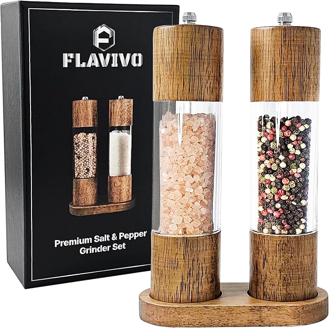 Wooden Salt and Pepper Grinder Set, Manual Premium Acrylic Salt and pepper Mills with Adjustable Ceramic Core and Wooden Stand, 8-Inch Refillable Giftable Shakers (2 Pieces with Tray)