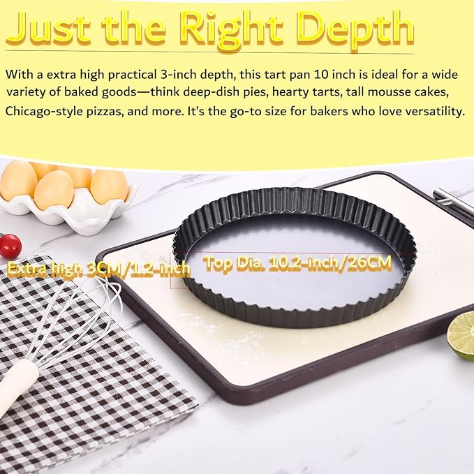 10 Inch Nonstick Tart Pan with Removable Bottom, Carbon Steel Quiche and Pie Pan- 1.1-Inch Depth, Fluted Edges for Baking Tarts, Quiches, Mousse Cakes, and Desserts