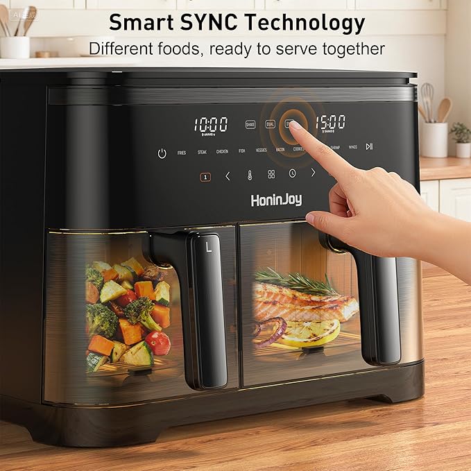 12QT Large Air Fryer with Dual Basket (4QT+8QT), 13-in-1 Digital Touchscreen Double Zone Air Fryers with 50pcs Paper Liners, Sync & Dual, for Bake, Roast, Shake Reminder, Dishwasher Safe