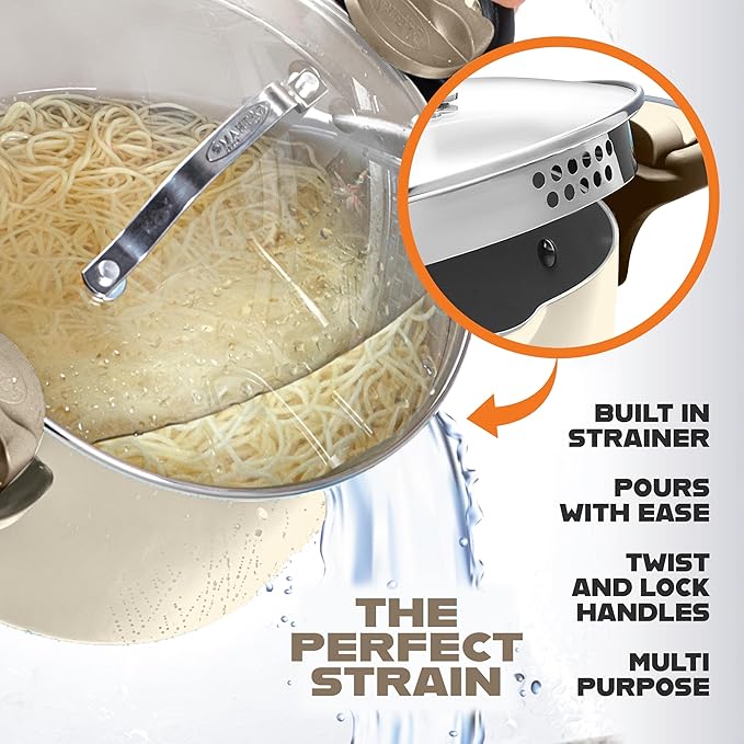 GOTHAM STEEL 5 Qt Ceramic Stock Pot Multipurpose Pasta Pot with Strainer Lid & Twist and Lock Handles, Nonstick Ceramic Pot for Soup, Spaghetti, Rice, Pots for Kitchen, Dishwasher Safe - Cream