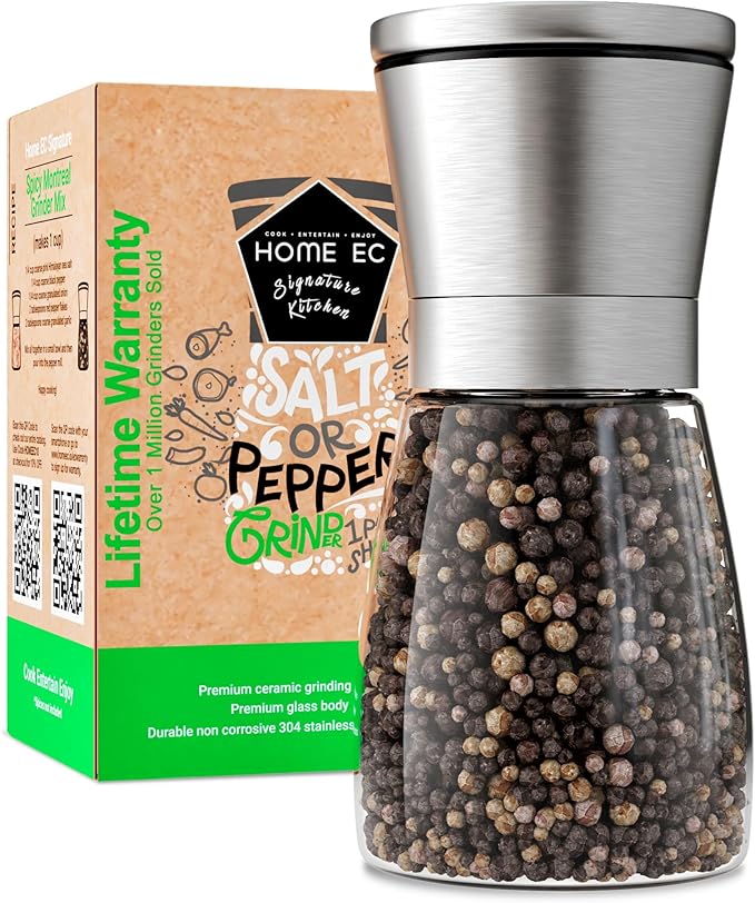 HOME EC Original Stainless Steel Salt or Pepper Grinder 1pk - Adjustable Ceramic Sea Salt Grinder or Pepper Mill - Tall Glass Spice Shaker - Spice Mill w/EBook