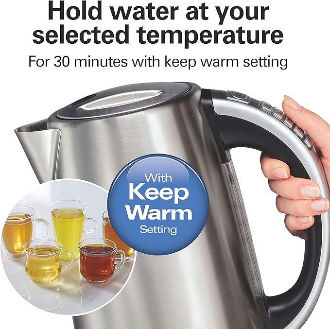 Hamilton Beach 1.7 Liter Temperature Control Electric Kettle, Water Boiler & Heater, Fast Boiling 1500 Watts, BPA Free, Cordless, Auto-Shutoff and Boil-Dry Protection, Stainless Steel (41020R)