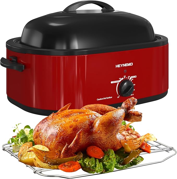 18 Quart Roaster Oven with Self-Basting Lid, Large Electric Turkey Roaster Oven with Defrost & Warm Function, Adjustable Temperature, Removable Pan & Rack, Stainless Steel, Red