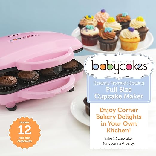 Babycakes Full Size 12 Cupcake Maker - Kitchen Appliance with Nonstick Coating & Latching Handle - Machine for Full-Sized Cupcakes - Includes Manual with Cupcake Recipes