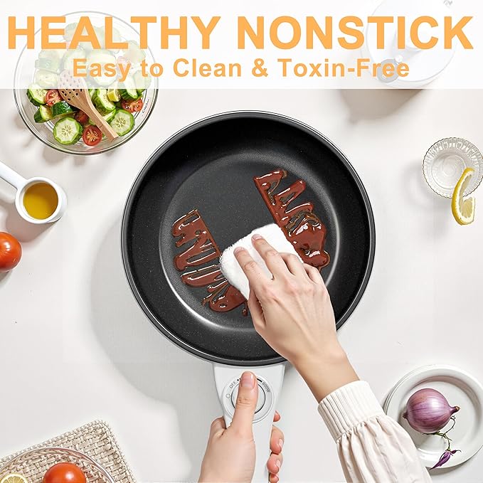 Dezin Hot Pot Electric with Steamer Upgraded, Non-Stick Sauté Pan, Rapid Noodles Electric Pot, 1.5L Mini Pot for Steak, Egg, Fried Rice, Ramen, Oatmeal, Soup with Power Adjustment