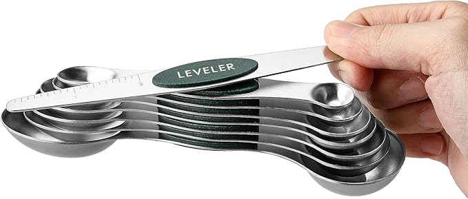Spring Chef Stainless Steel Magnetic Measuring Spoons Set of 8 with Leveler, Stackable Magnetic Teaspoon & Tablespoon Set, Metal Kitchen Gadgets for Baking & Cooking, Fits in Spice Jars - Pine Green