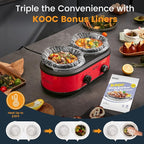 KOOC Double Small Slow Cooker, Buffet Server and Warmer, 2 Mini Pots with 3 Individual Adjustable Temp, Dual Ceramic Pots, Free Liners for Easy Clean-up, Stainless Steel, Total 2.5 Quart, Red, Round
