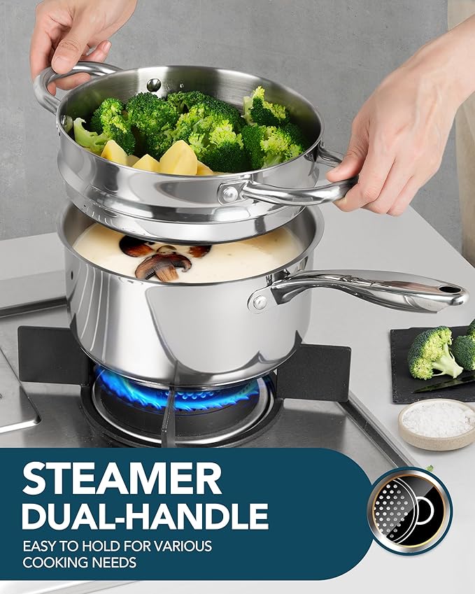 MICHELANGELO Stainless Steel Saucepans with Steamer 5Pcs, 18/10 Saucepan Set with Glass Lids, Sauce Pot Set with Triply Bottom Induction Compatible - 1QT & 2QT