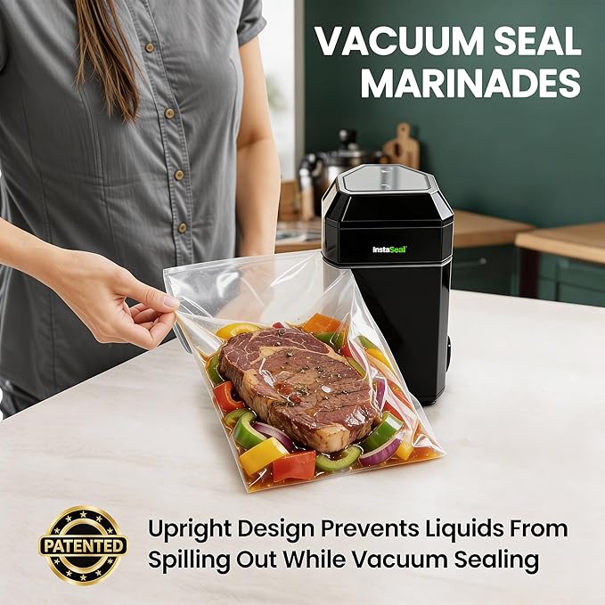 InstaSeal Vacuum Sealer for Food with 12 Bags, Preserves Foods 5x Longer, Space Saving Compact Upright Design Allows Machine to Heat Seal Marinades, Soups, Meats for Sous Vide Cooking
