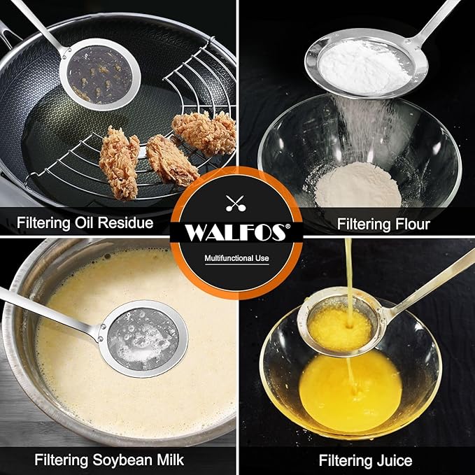 Walfos Skimmer Spoon,304 Stainless Steel Fine Mesh Strainer,Foam Strainer Oil Filter,Ultra Fine Mesh Strainer Perfect For Separation Of The Floating Foam,Fat,Set fo 2