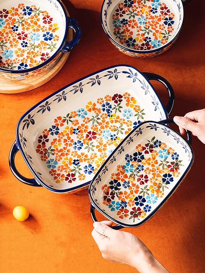 Colorful Cherry Blossom Flowers Vintage Style Ceramic Bakeware Dish Casserole Dish Baking Pan Lasagna Pans with Handles for Oven/Cooking/Kitchen, 1 PCS, 32 oz