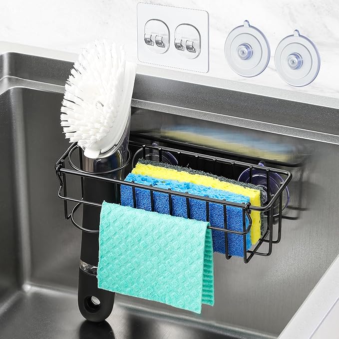3-In-1 Sponge Holder for Kitchen Sink, 2 Type Suspension Options (Suction Cups & Adhesive Hook), Hanging Sink Caddy Organizer Rack - Sponge, Dish Cloth, Brush, Scrubber, 304 Stainless Steel - Black