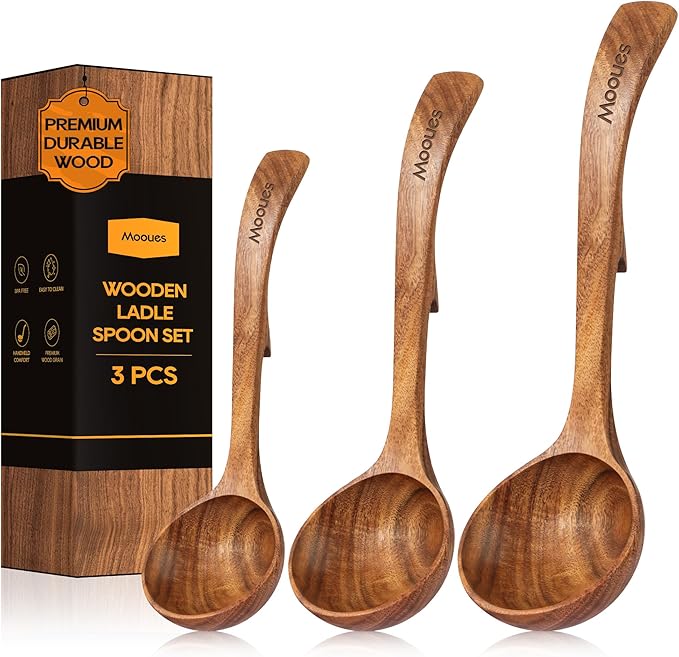 Wooden Ladle for Soup, 3 Size Teak Wood Ladle Spoon with Back Hooks, Heat Resistant Wooden Spoons for Cooking, Non-Stick, Comfortable Grip, Wood Kitchen Utensils Set for Serving, Stirring