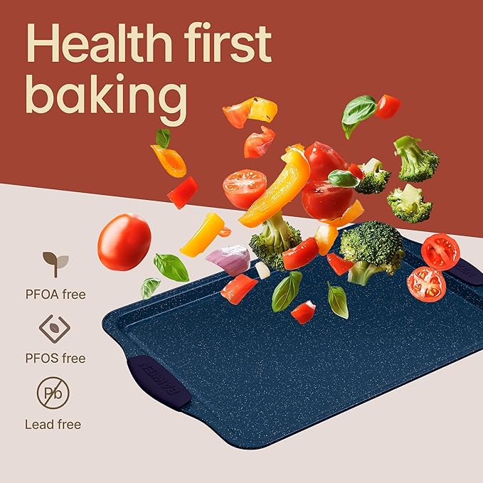 BAKKEN Kitchen Baking Pan Set - Nonstick Coating, Carbon Steel Bakeware Sets with Blue Silicone Handles, Baking Kitchen Essentials, PFOA, PFOS, PTFE Free, Oven Safe Tray (Up To 450° F), Set of 6