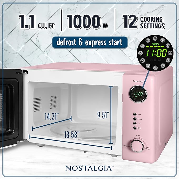 Nostalgia Retro Countertop Microwave Oven - 1.1 Cu Ft & 1000 Watt Power- Easy to Clean with Removable Glass Turntable - Child Safety Lock - 12 Programs - Digital Clock - Pink