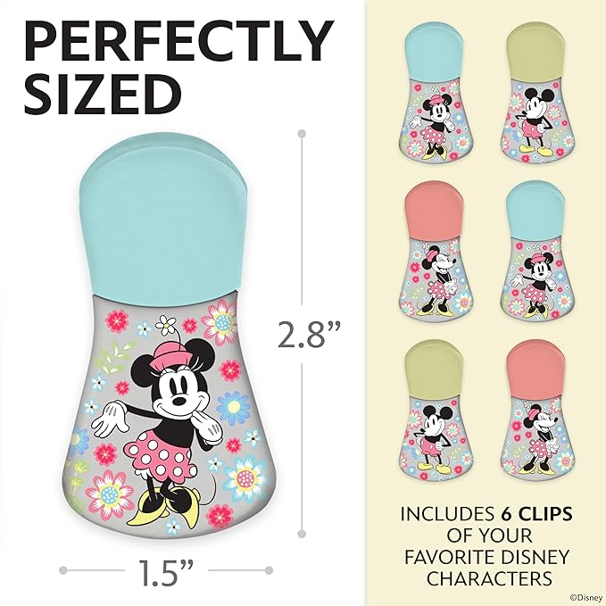 Disney Magnetic Chip Clips – Set of 6 Bag Clips for Food Storage - Mickey, Minnie, Lilo & Stitch, Winnie The Pooh – Durable Airtight Bag Chip Clips for Pantry & Fridge Use