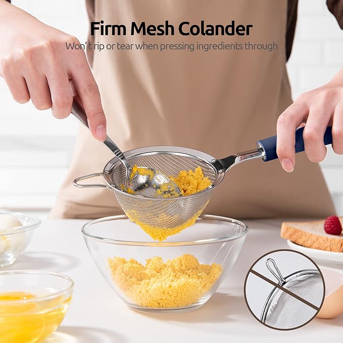 18/8 Stainless Steel Mesh Strainer: U-Taste 3.9 Inch Kitchen Fine Mesh Sieve Food Colander with Riveted Sturdy Silicone Handle and 30 Mesh Hole for Straining Flour, Quinoa, Tea, Juice (Midnight Blue)
