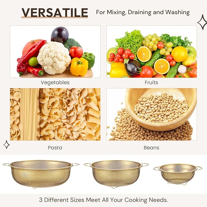 Baderke 3 Pieces Stainless Steel Gold Colander Metal Strainer with Handle Pasta Gold Colander for Kitchen Draining Pasta Rinsing Vegetables Rice Food, 3 Sizes(1-3-5 Quart,Classic)