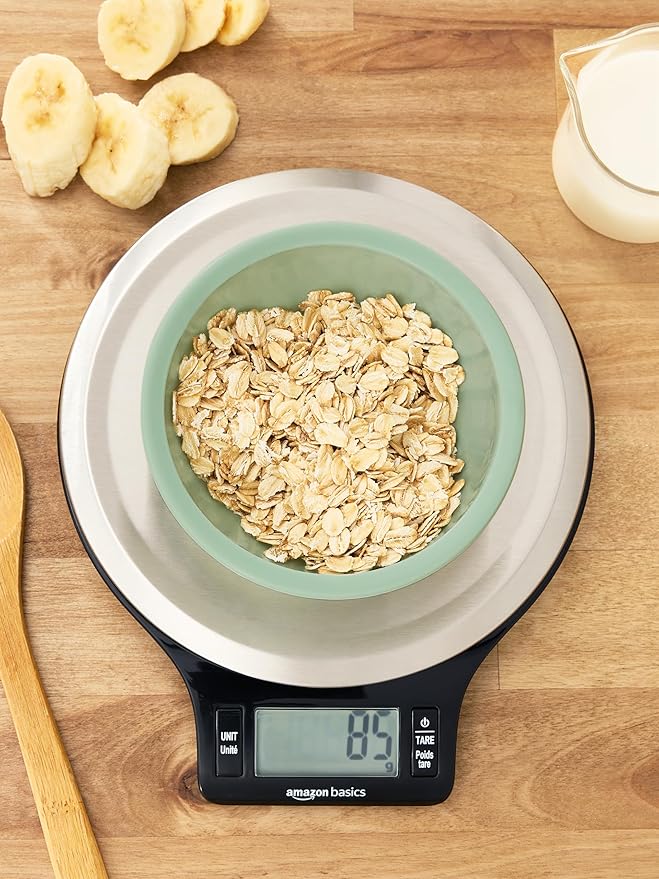 Amazon Basics Digital Kitchen Scale with LCD Display, Tare Function, Multiple Units, Weighs up to 11 Pounds, Batteries Included, Black and Stainless Steel