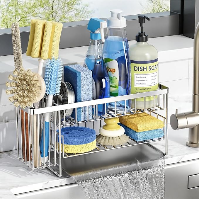Cisily Silver 2-Tier Kitchen Sink Caddy Organzier Rack with Flexible Dish Brush Holder, Sponge Holder for Kitchen Sink Countertop Organization Storage,Home Decor Stainless Steel